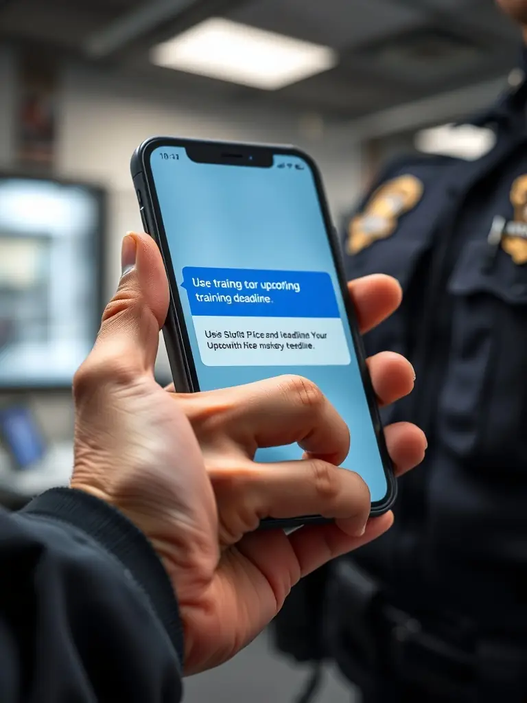 A close-up photo of a smartphone displaying a ConfiTrek notification reminding an officer about an upcoming training deadline, set against a blurred background of a police station.