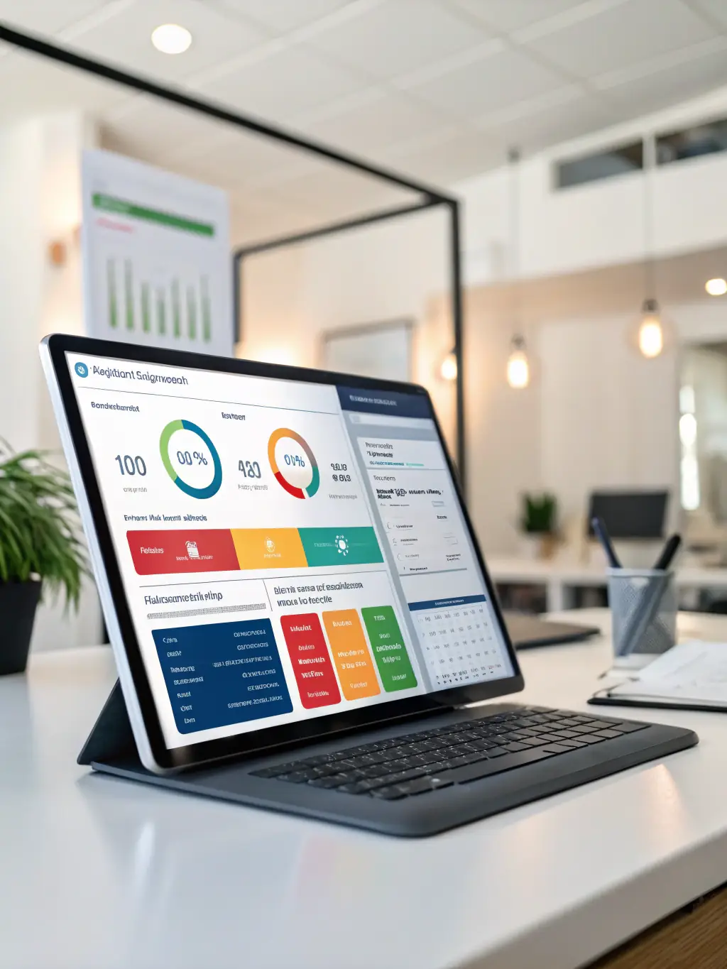 A clean and intuitive dashboard interface displaying key compliance metrics for a law enforcement agency, such as overall compliance percentage, overdue training, and upcoming deadlines, with clear visual cues and drill-down capabilities.