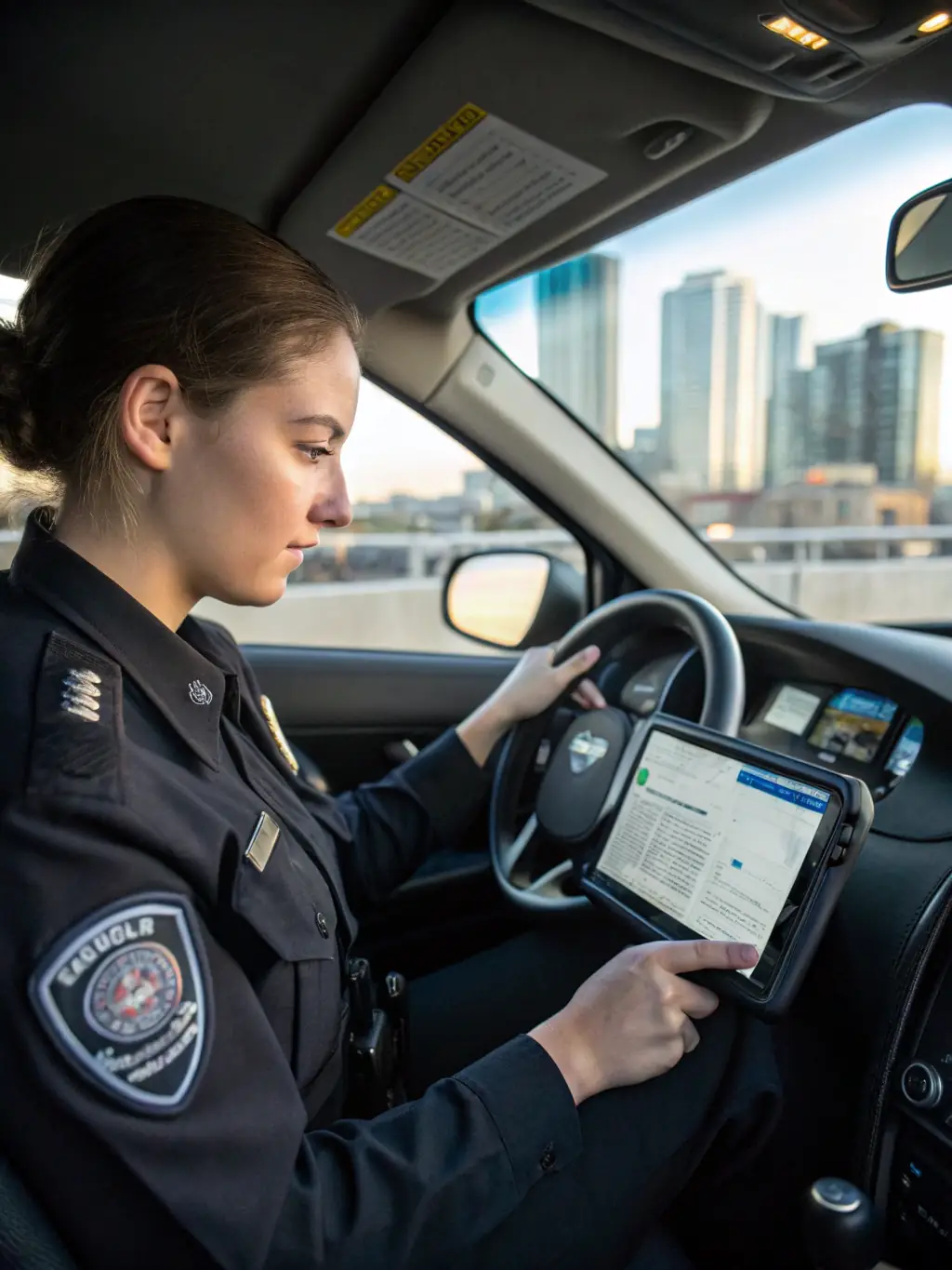 A diverse group of officers using ConfiTrek on various devices (smartphones, tablets, laptops) in different settings (police car, office, training room), highlighting the platform's accessibility and versatility.