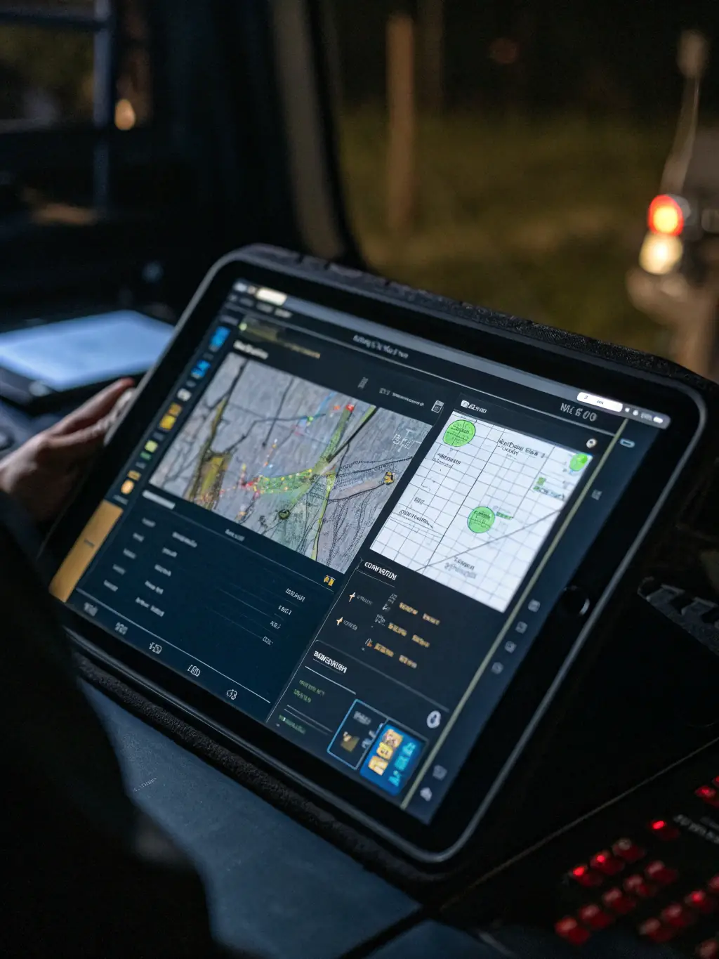 A digital illustration depicting a police officer's badge transforming into a comprehensive digital dashboard with various compliance metrics and training records.
