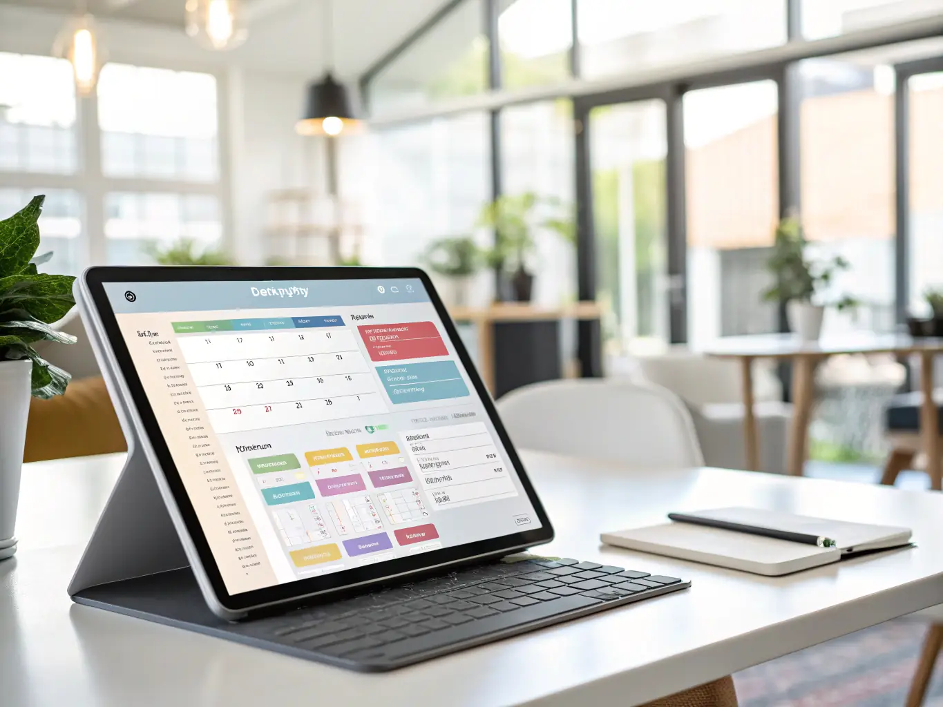 A training coordinator using ConfiTrek's automated scheduling feature on a tablet, with a calendar view showing scheduled training sessions and automated reminders being sent to officers.