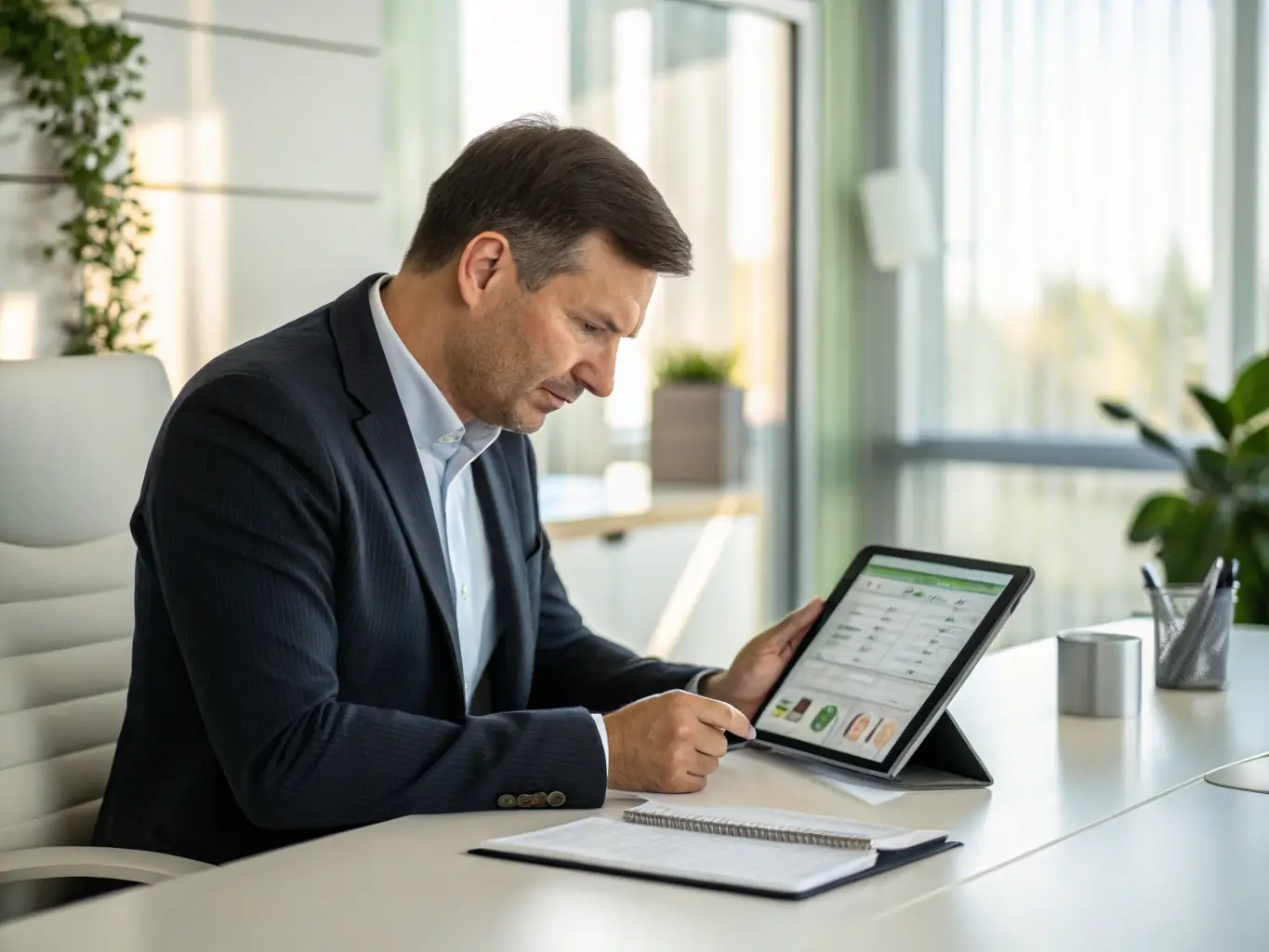 A high-resolution image depicting a police chief reviewing a comprehensive compliance dashboard on a tablet, showcasing real-time data and key performance indicators related to officer training and certification status. The setting is a modern, well-lit office, emphasizing the accessibility and ease of use of the ConfiTrek platform.