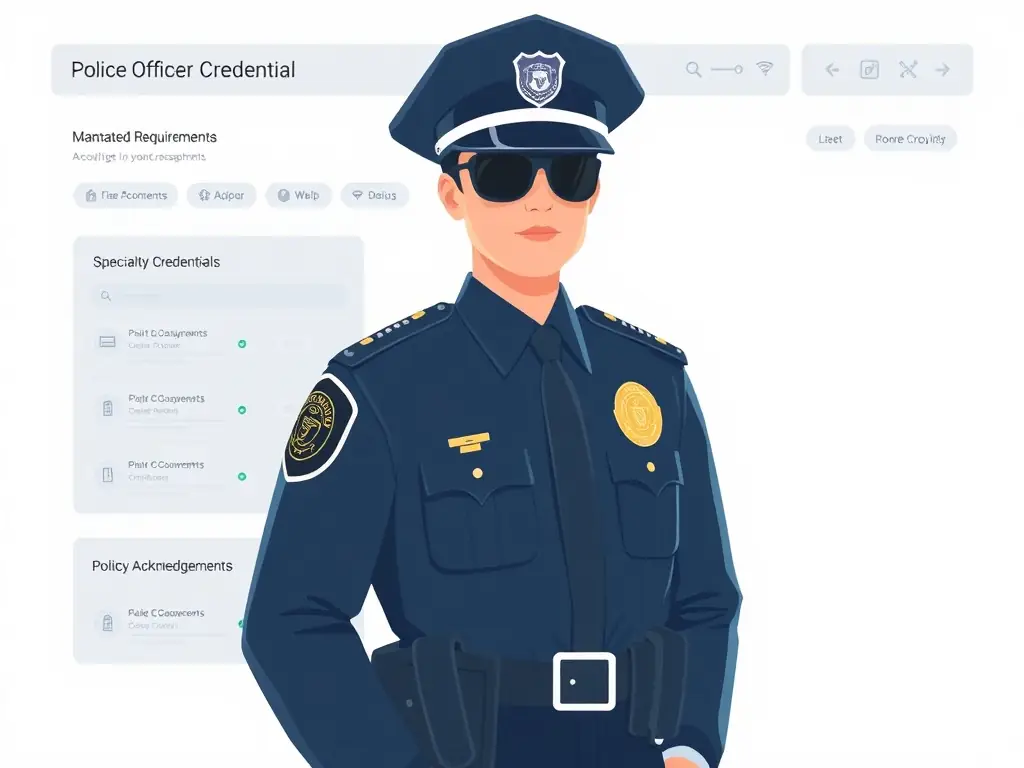 A screenshot of the credential tracking module, showcasing mandated requirements, custom specialty credentials, and policy acknowledgements for officers.