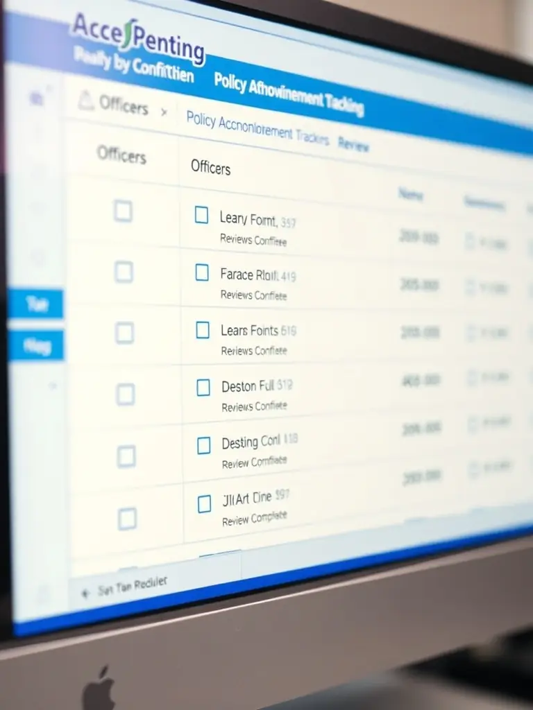 A screenshot of ConfiTrek displaying policy acknowledgement tracking, showing which officers have reviewed and accepted updated policies.