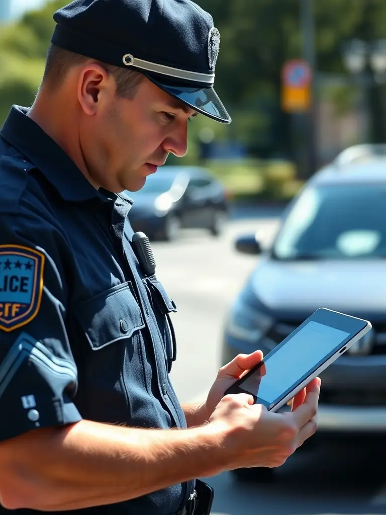 A uniformed police officer reviewing a state-mandated training checklist on a ConfiTrek dashboard, ensuring compliance with regulations.